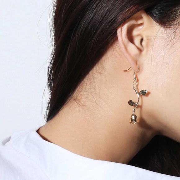 Gold Rose Minimalist Drop Earrings - Picture 3 of 4